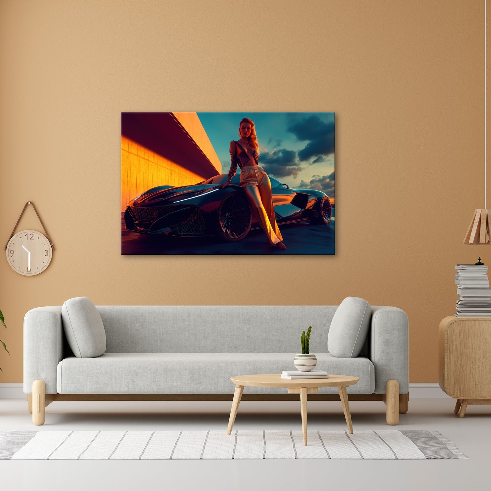 Leinwandbild Frau mit Sportwagen – Futuristisches Auto XXL Wandbild - deyoli