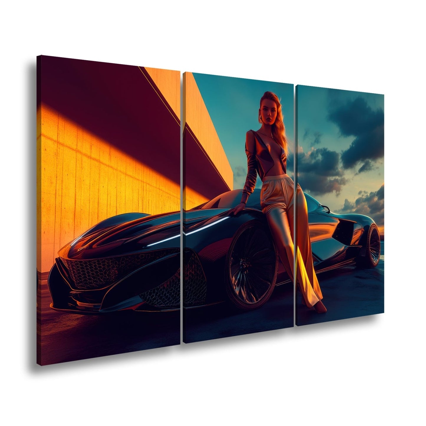 Leinwandbild Frau mit Sportwagen – Futuristisches Auto XXL Wandbild - deyoli