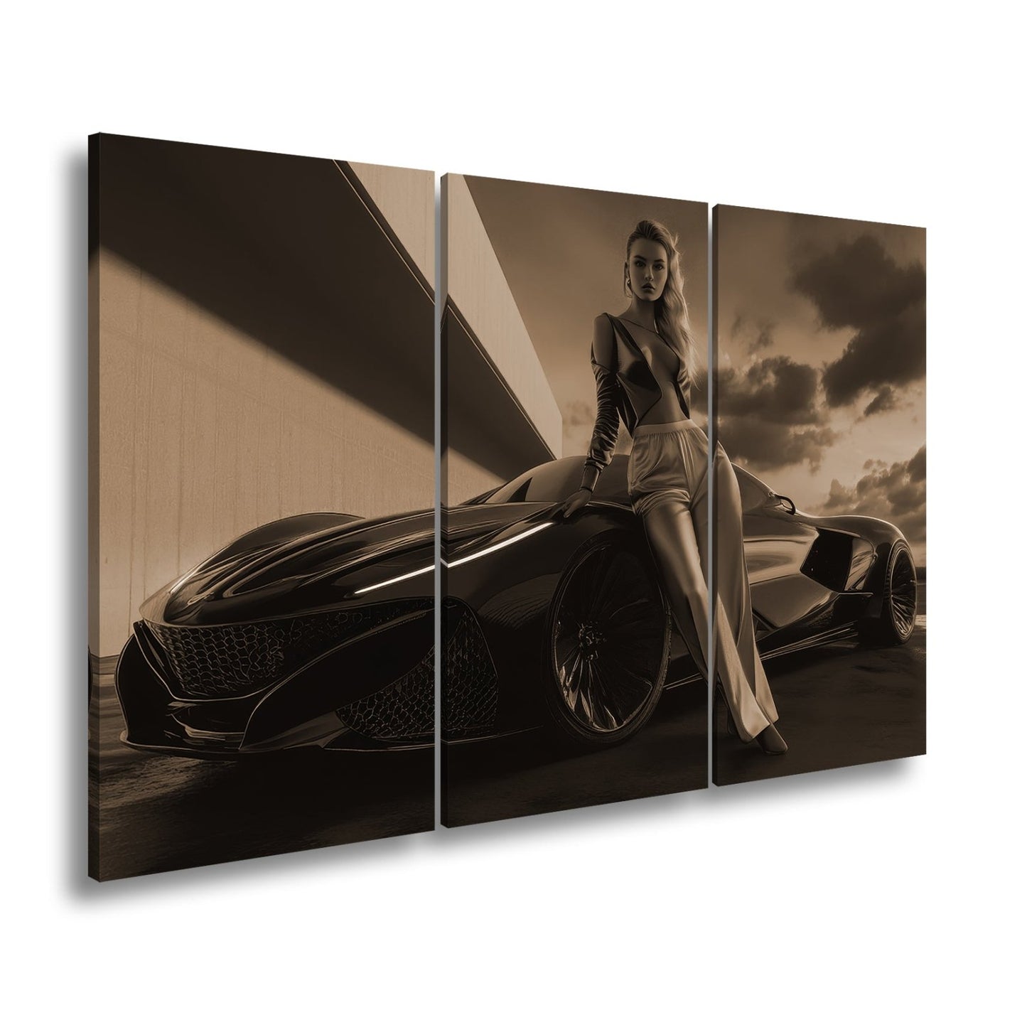 Leinwandbild Frau mit Sportwagen – Futuristisches Auto XXL Wandbild - deyoli