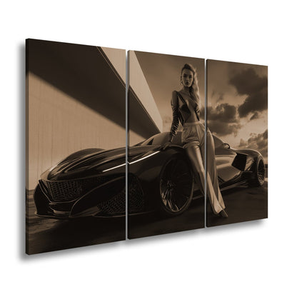 Leinwandbild Frau mit Sportwagen – Futuristisches Auto XXL Wandbild - deyoli