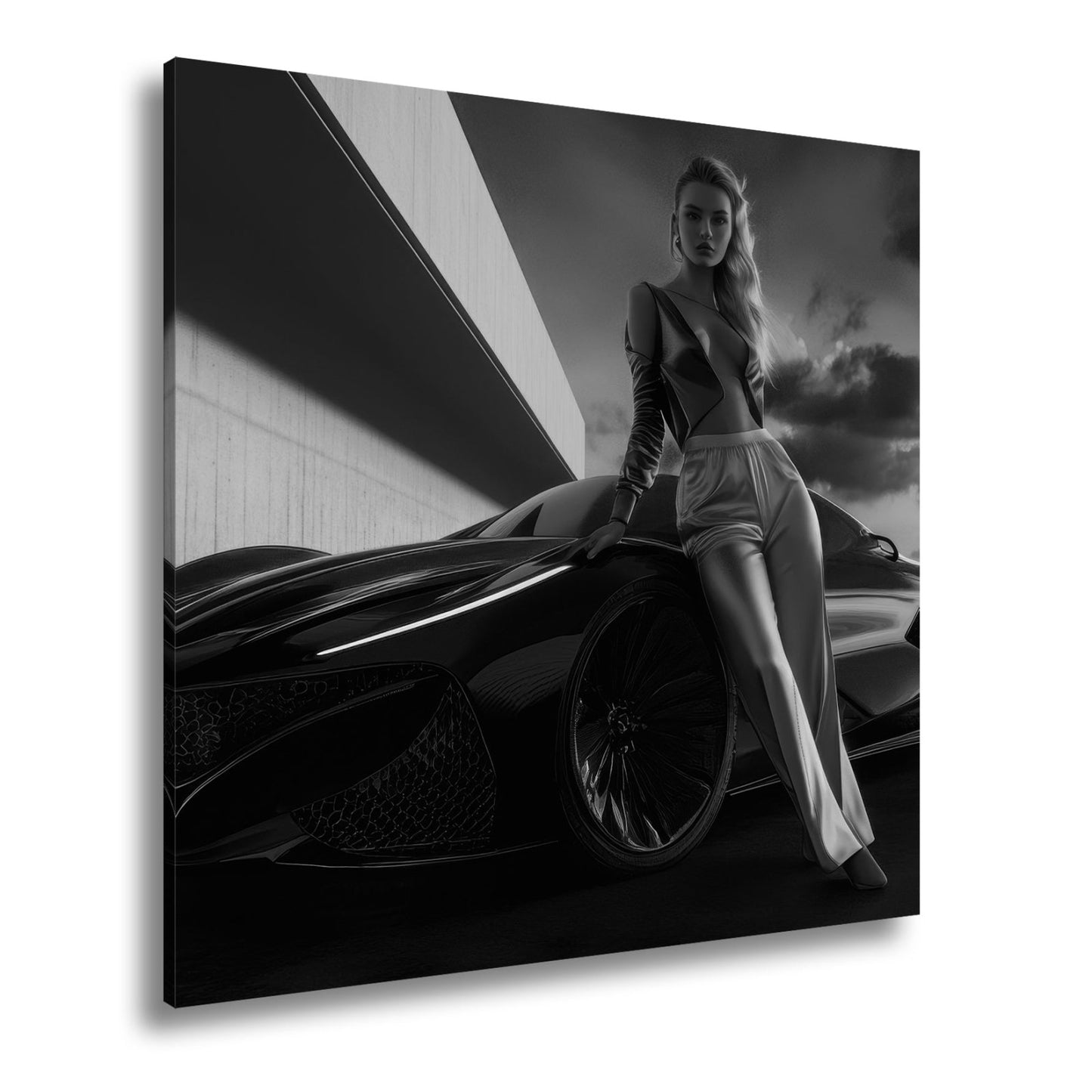Leinwandbild Frau mit Sportwagen – Futuristisches Auto XXL Wandbild - deyoli