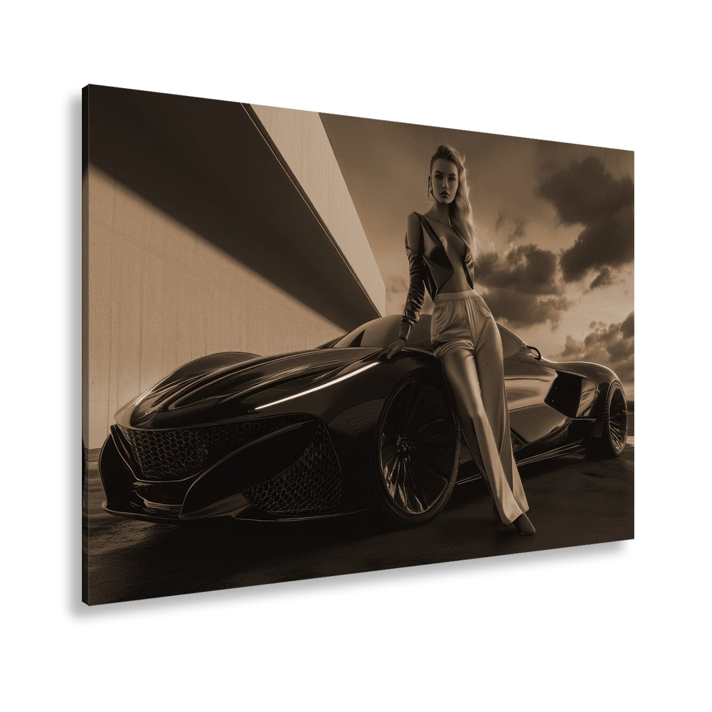 Leinwandbild Frau mit Sportwagen – Futuristisches Auto XXL Wandbild - deyoli