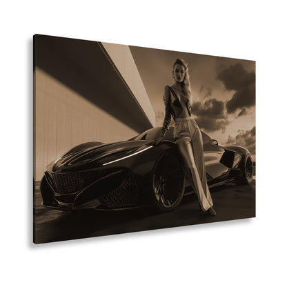 Leinwandbild Frau mit Sportwagen – Futuristisches Auto XXL Wandbild - deyoli
