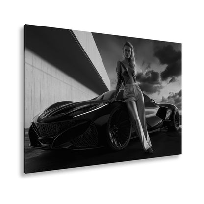 Leinwandbild Frau mit Sportwagen – Futuristisches Auto XXL Wandbild - deyoli