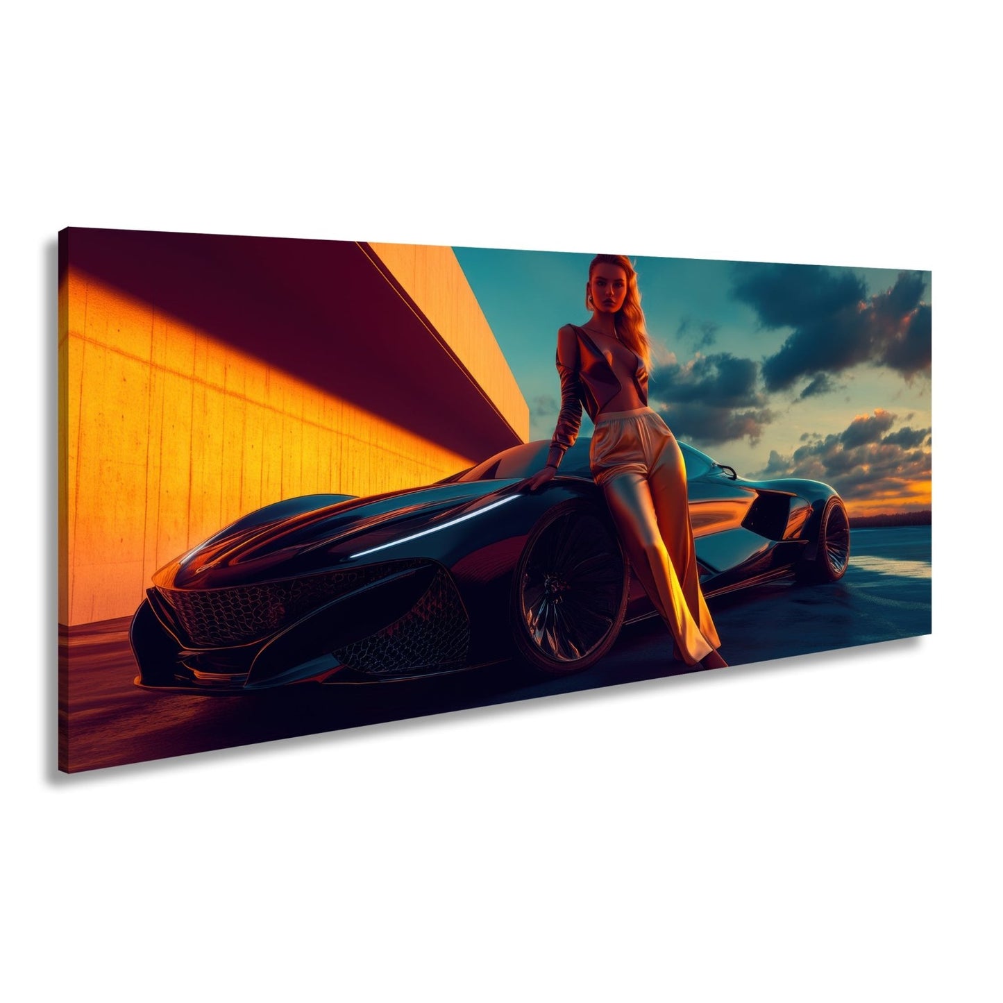 Leinwandbild Frau mit Sportwagen – Futuristisches Auto XXL Wandbild - deyoli