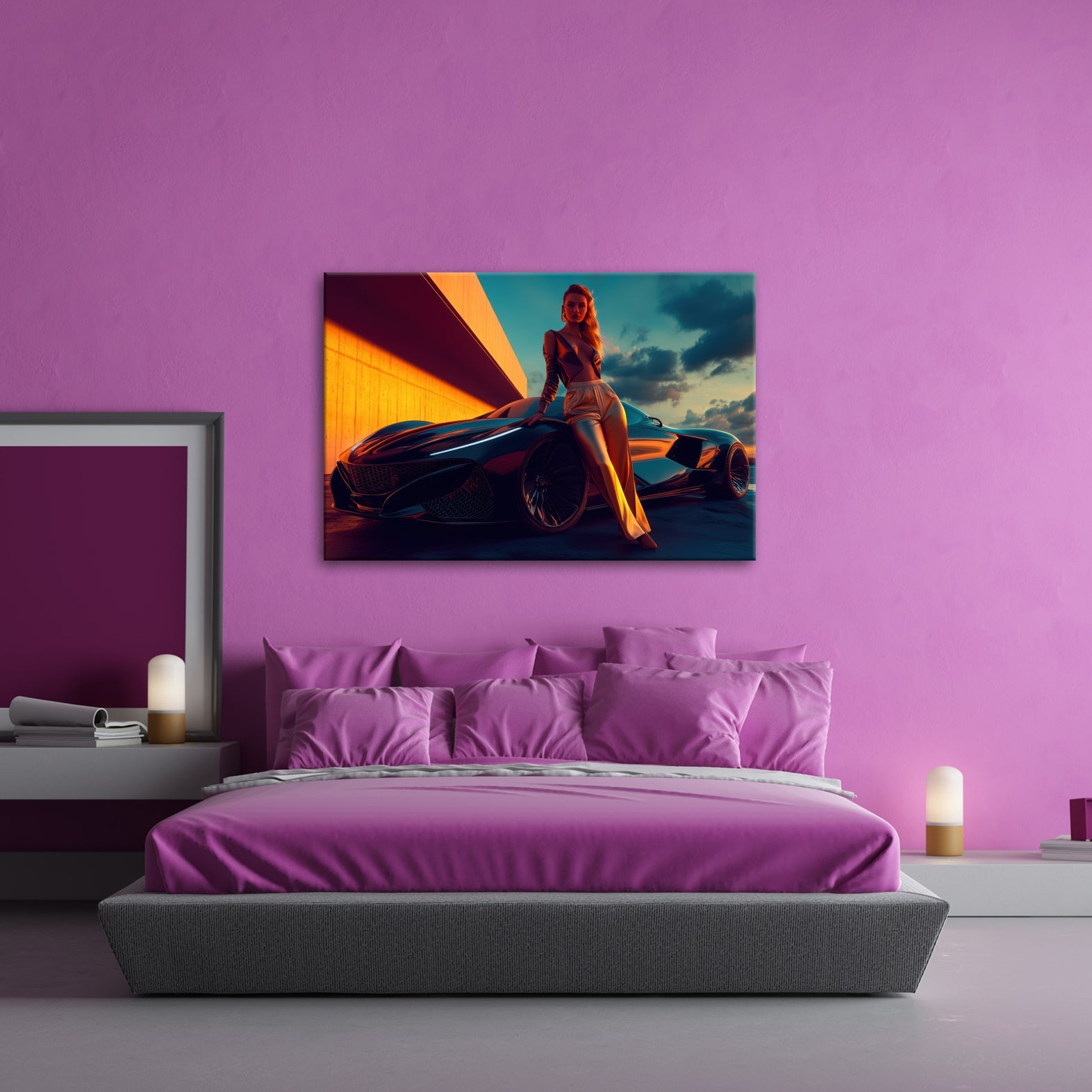Leinwandbild Frau mit Sportwagen – Futuristisches Auto XXL Wandbild - deyoli