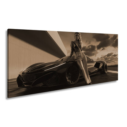 Leinwandbild Frau mit Sportwagen – Futuristisches Auto XXL Wandbild - deyoli