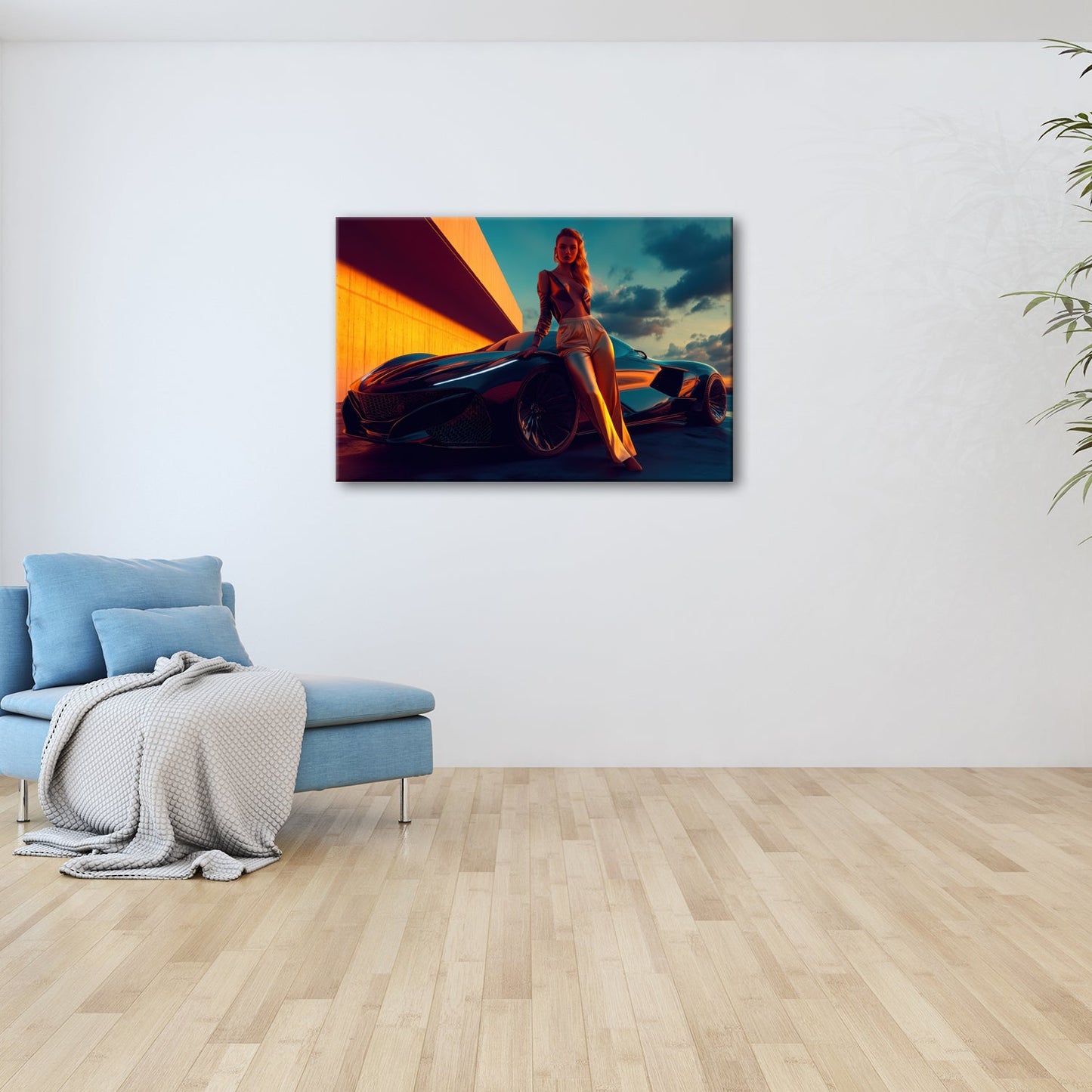 Leinwandbild Frau mit Sportwagen – Futuristisches Auto XXL Wandbild - deyoli