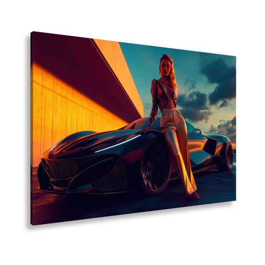 Leinwandbild Frau mit Sportwagen – Futuristisches Auto XXL Wandbild - deyoli