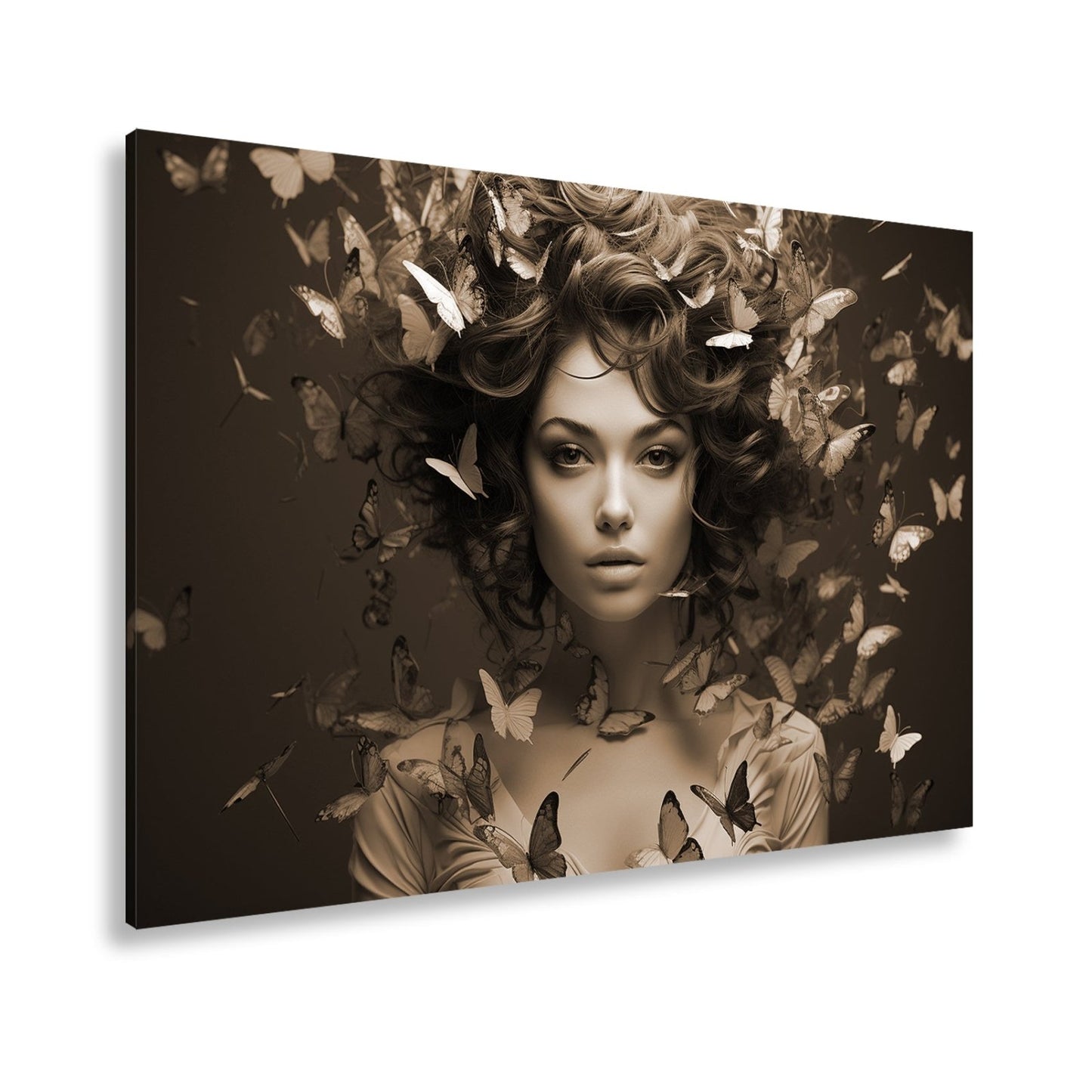 Leinwandbild Frau XXL – Magische Schönheit mit Schmetterlingen im Haar - deyoli