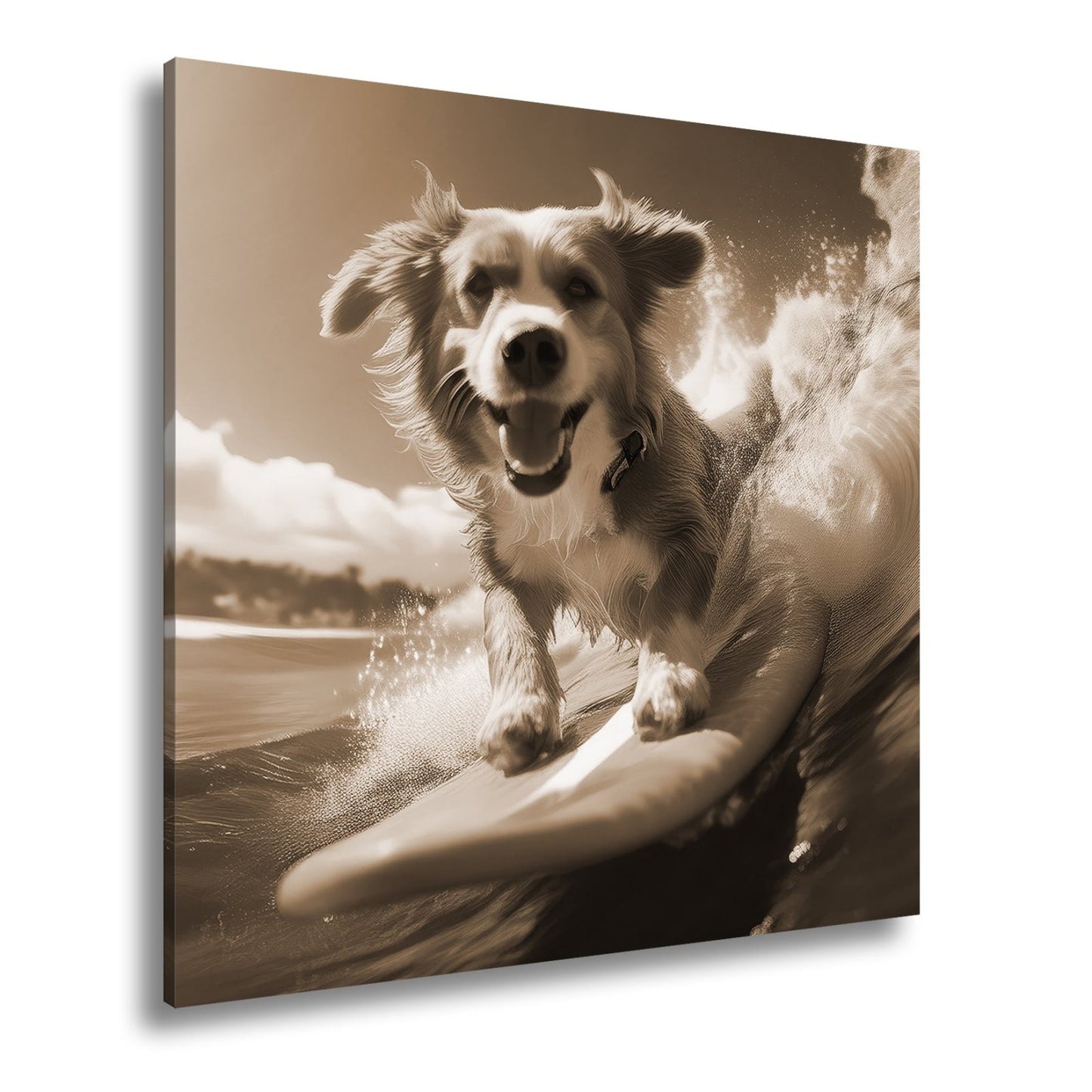 Leinwandbild Fröhlicher Surfhund jagt die perfekte Welle im Sonnenlicht - deyoli