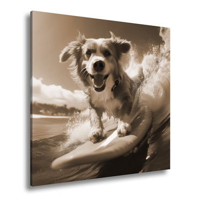 Leinwandbild Fröhlicher Surfhund jagt die perfekte Welle im Sonnenlicht - deyoli