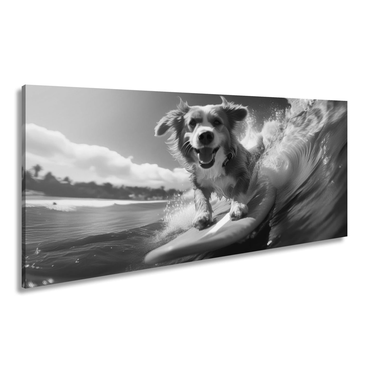 Leinwandbild Fröhlicher Surfhund jagt die perfekte Welle im Sonnenlicht - deyoli