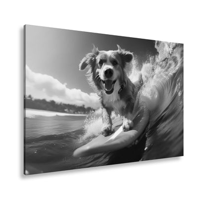 Leinwandbild Fröhlicher Surfhund jagt die perfekte Welle im Sonnenlicht - deyoli