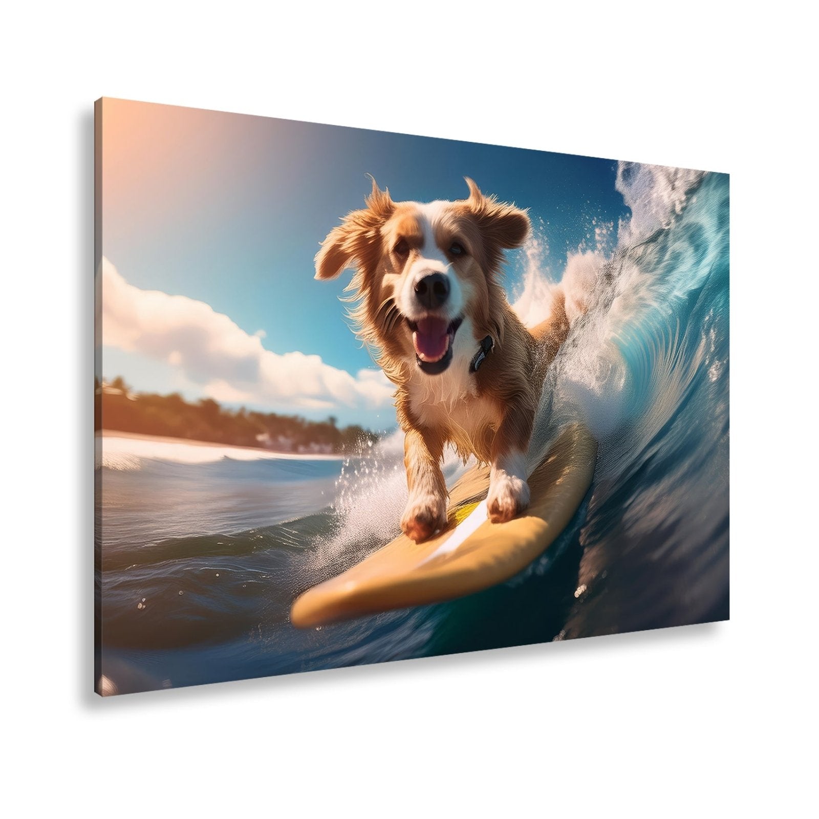 Leinwandbild Fröhlicher Surfhund jagt die perfekte Welle im Sonnenlicht - deyoli