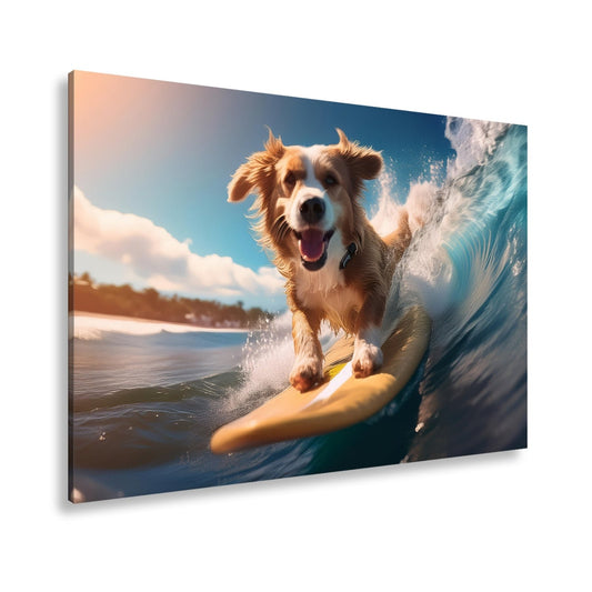 Leinwandbild Fröhlicher Surfhund jagt die perfekte Welle im Sonnenlicht - deyoli