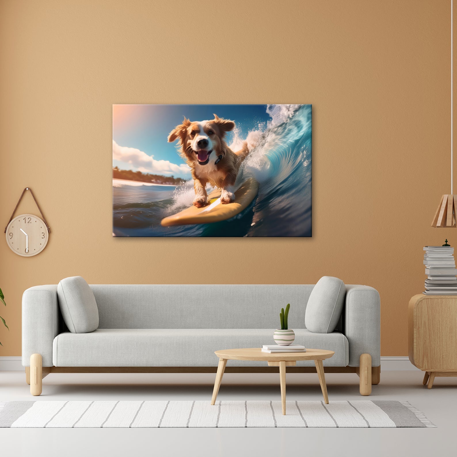 Leinwandbild Fröhlicher Surfhund jagt die perfekte Welle im Sonnenlicht - deyoli