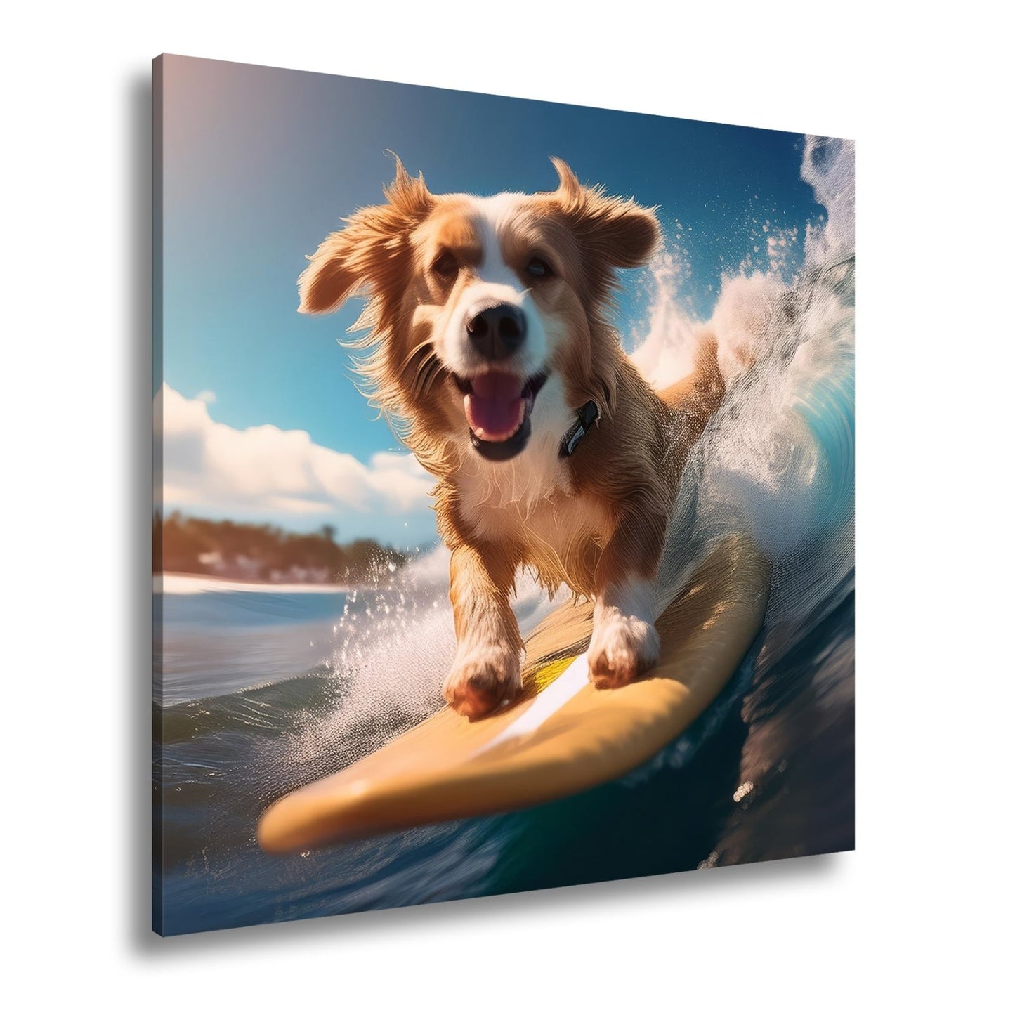 Leinwandbild Fröhlicher Surfhund jagt die perfekte Welle im Sonnenlicht - deyoli