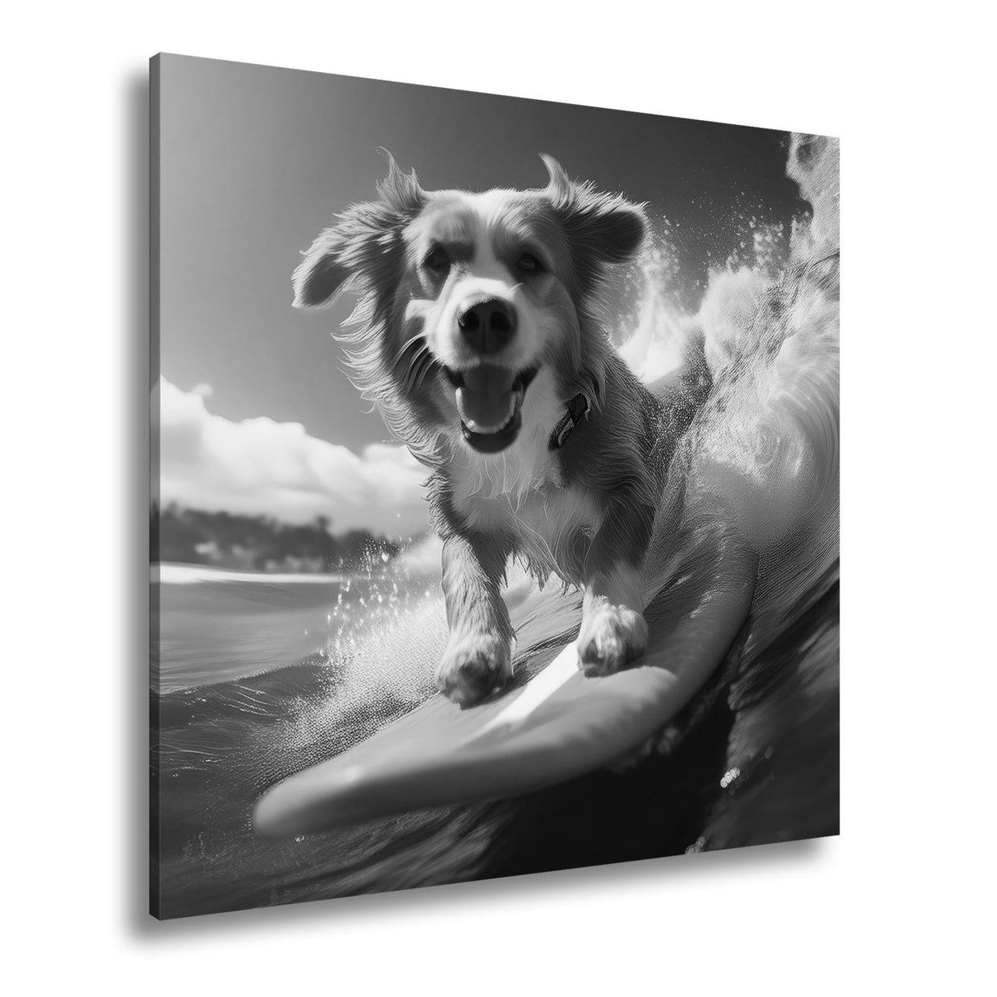 Leinwandbild Fröhlicher Surfhund jagt die perfekte Welle im Sonnenlicht - deyoli