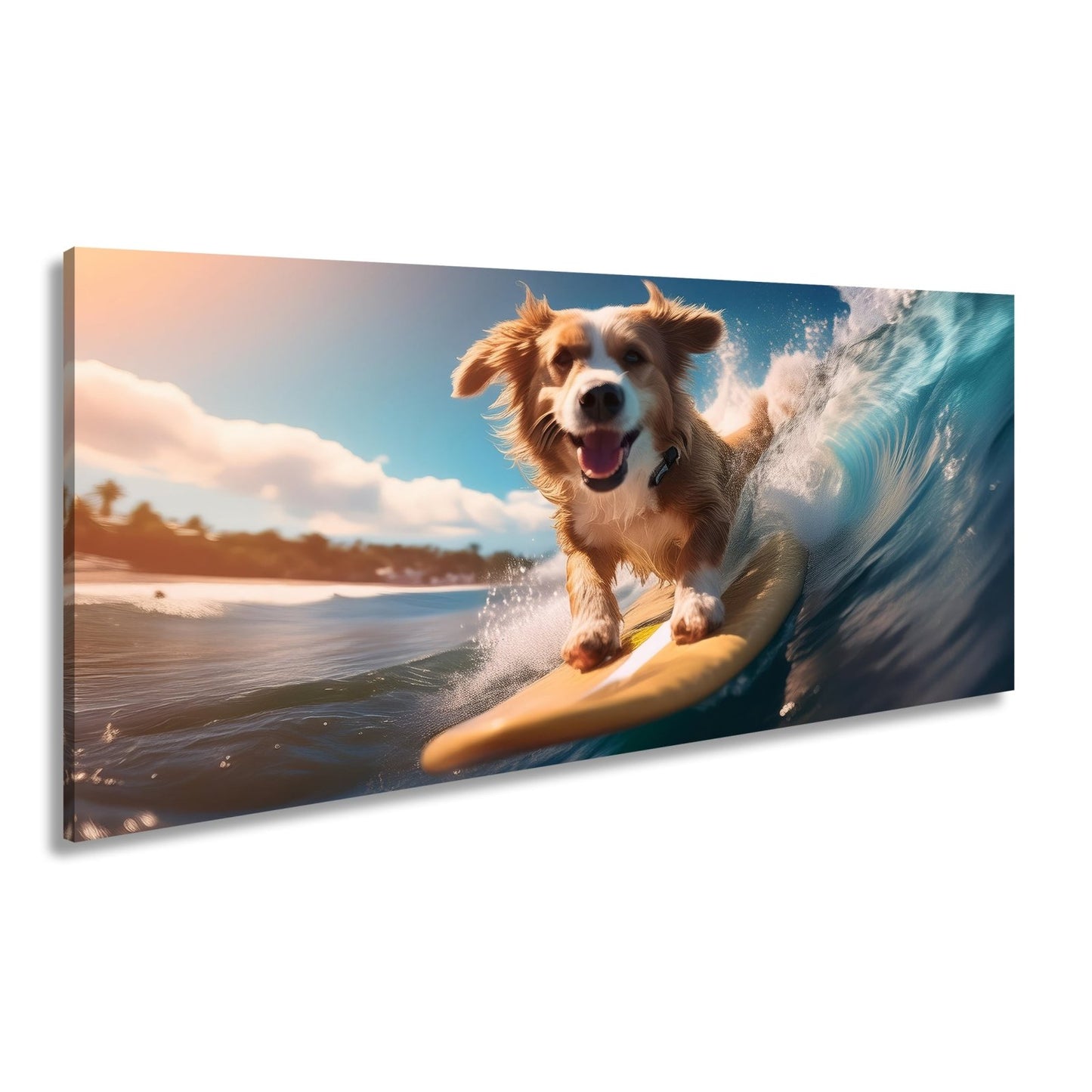 Leinwandbild Fröhlicher Surfhund jagt die perfekte Welle im Sonnenlicht - deyoli