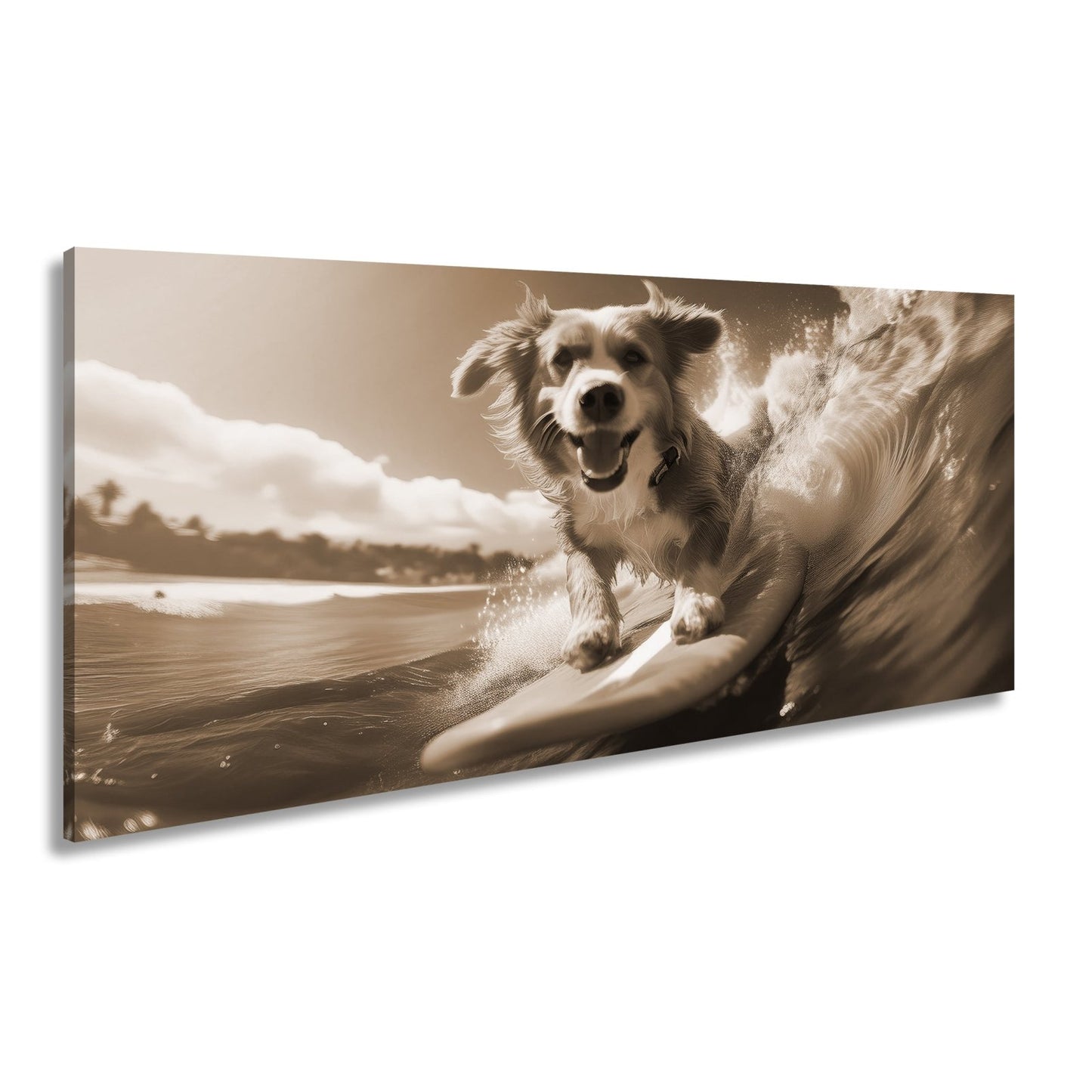 Leinwandbild Fröhlicher Surfhund jagt die perfekte Welle im Sonnenlicht - deyoli