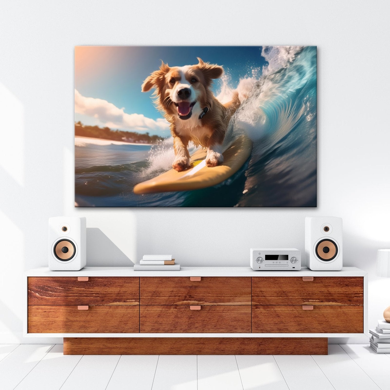 Leinwandbild Fröhlicher Surfhund jagt die perfekte Welle im Sonnenlicht - deyoli