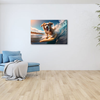 Leinwandbild Fröhlicher Surfhund jagt die perfekte Welle im Sonnenlicht - deyoli