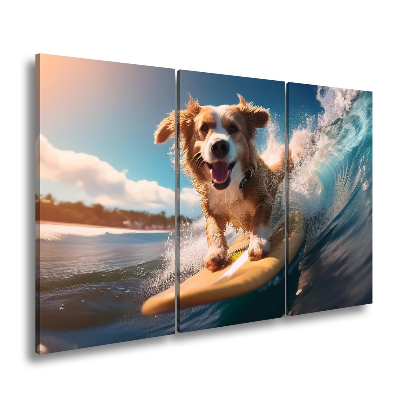Leinwandbild Fröhlicher Surfhund jagt die perfekte Welle im Sonnenlicht - deyoli