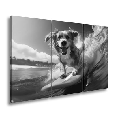 Leinwandbild Fröhlicher Surfhund jagt die perfekte Welle im Sonnenlicht - deyoli