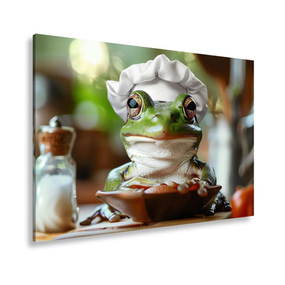 Leinwandbild Frosch mit Kochmütze – stiller Gourmet am Werk. - deyoli