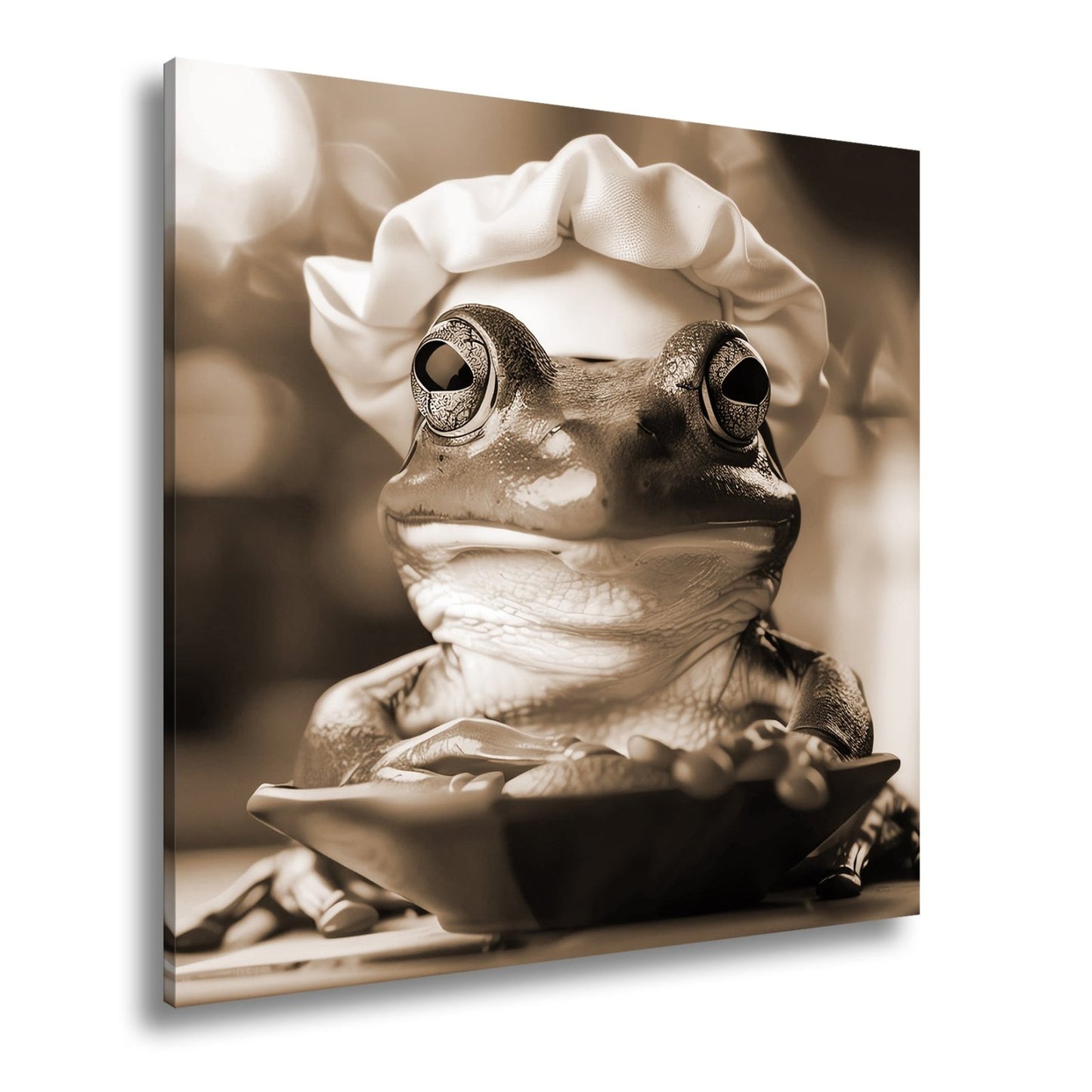 Leinwandbild Frosch mit Kochmütze – stiller Gourmet am Werk. - deyoli