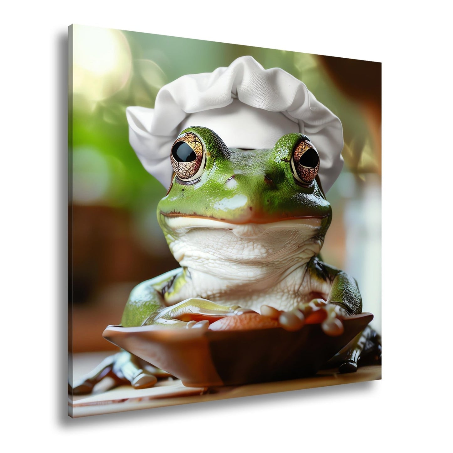 Leinwandbild Frosch mit Kochmütze – stiller Gourmet am Werk. - deyoli