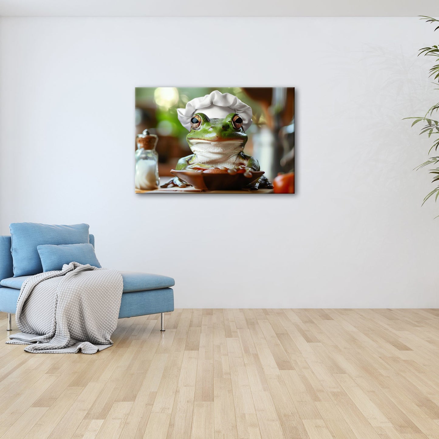 Leinwandbild Frosch mit Kochmütze – stiller Gourmet am Werk. - deyoli