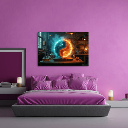 Leinwandbild Funkengeladenes Yin und Yang aus Feuer und Eis in der Werkstatt - deyoli