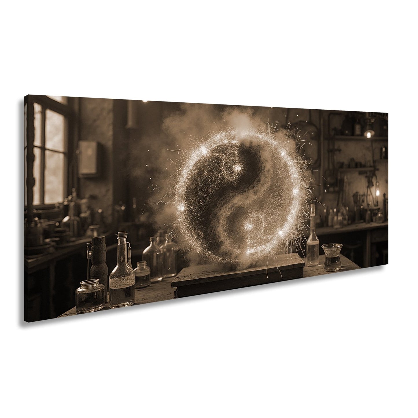 Leinwandbild Funkengeladenes Yin und Yang aus Feuer und Eis in der Werkstatt - deyoli