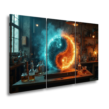 Leinwandbild Funkengeladenes Yin und Yang aus Feuer und Eis in der Werkstatt - deyoli