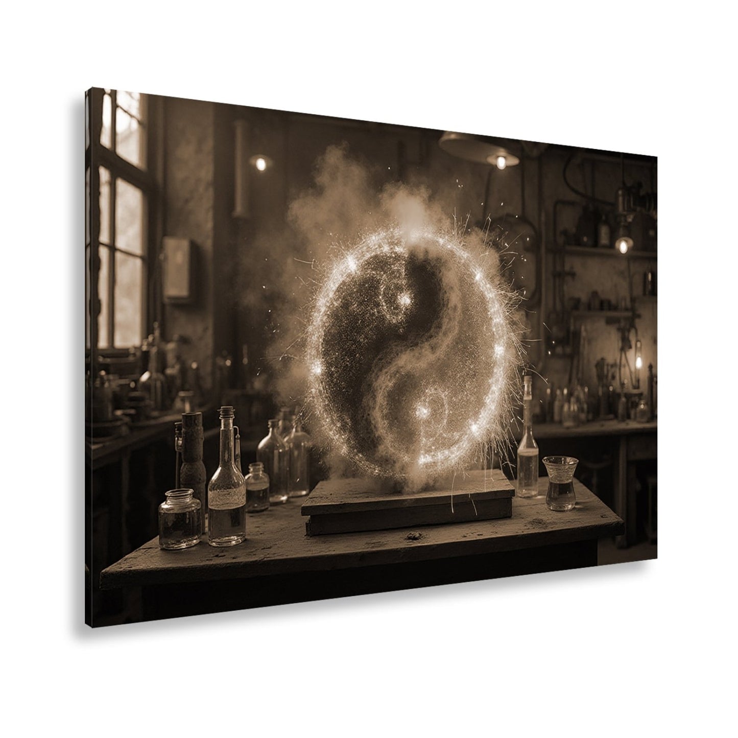 Leinwandbild Funkengeladenes Yin und Yang aus Feuer und Eis in der Werkstatt - deyoli