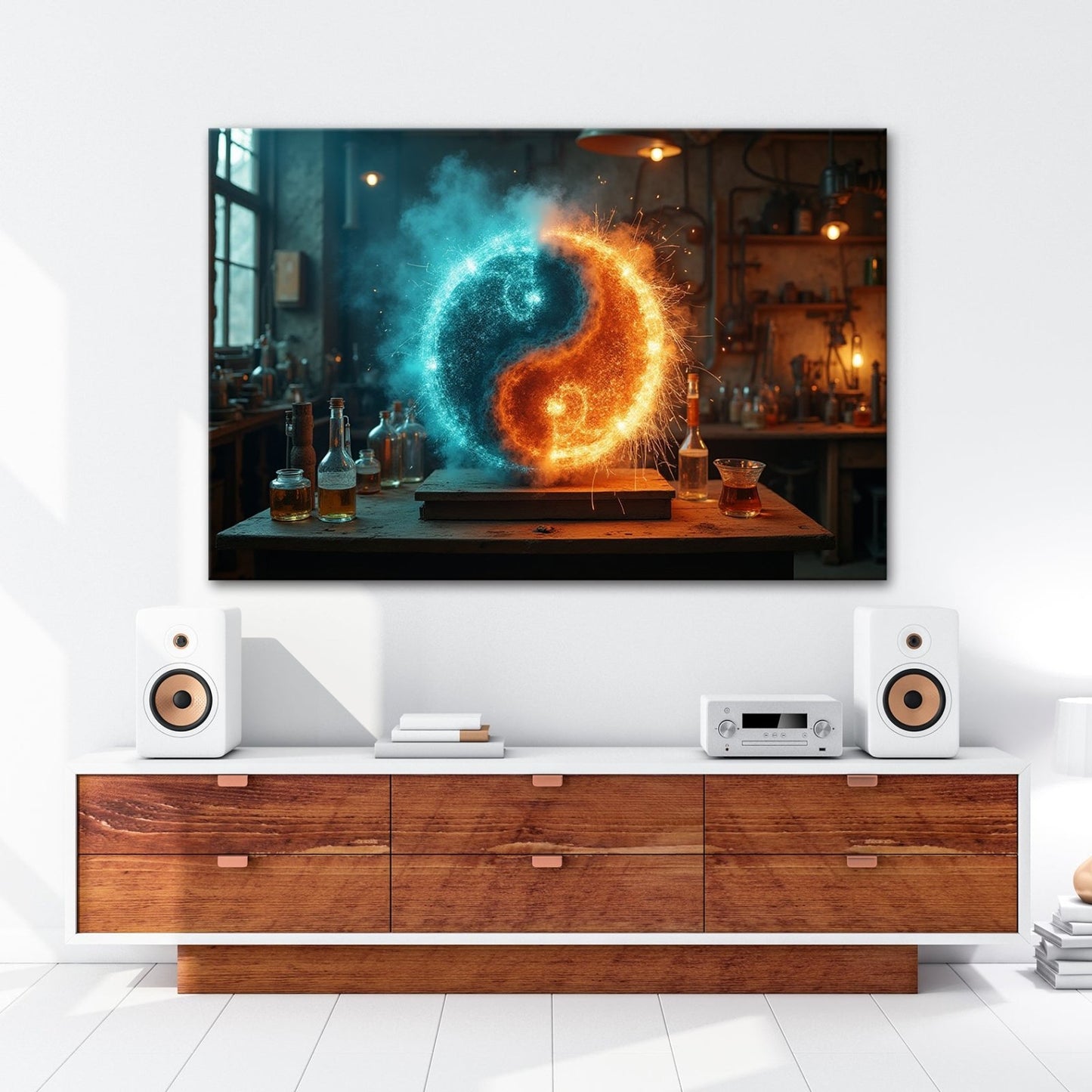Leinwandbild Funkengeladenes Yin und Yang aus Feuer und Eis in der Werkstatt - deyoli