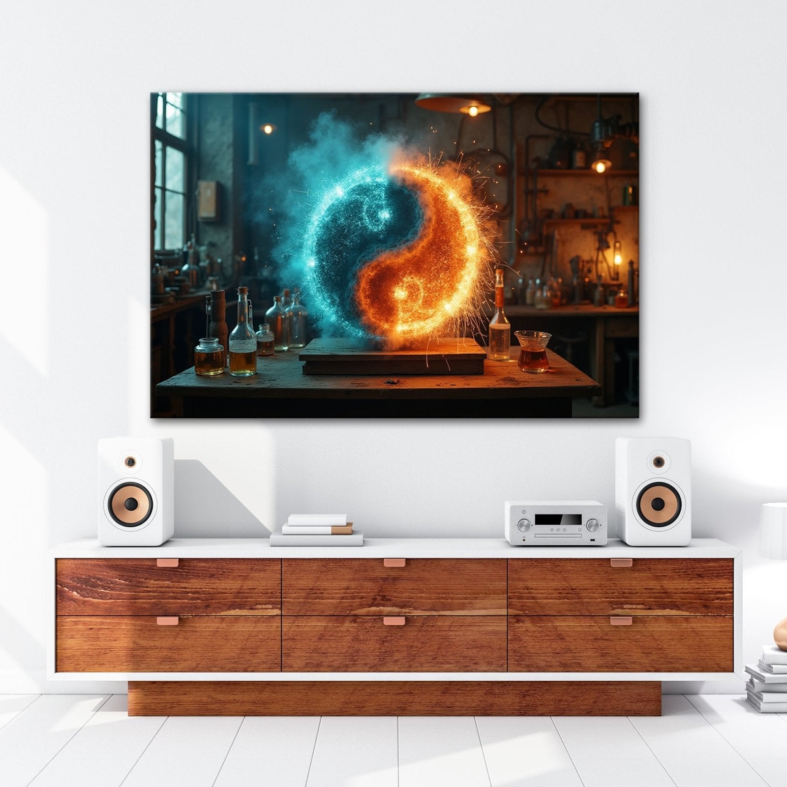 Leinwandbild Funkengeladenes Yin und Yang aus Feuer und Eis in der Werkstatt - deyoli