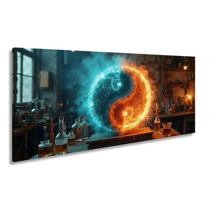 Leinwandbild Funkengeladenes Yin und Yang aus Feuer und Eis in der Werkstatt - deyoli