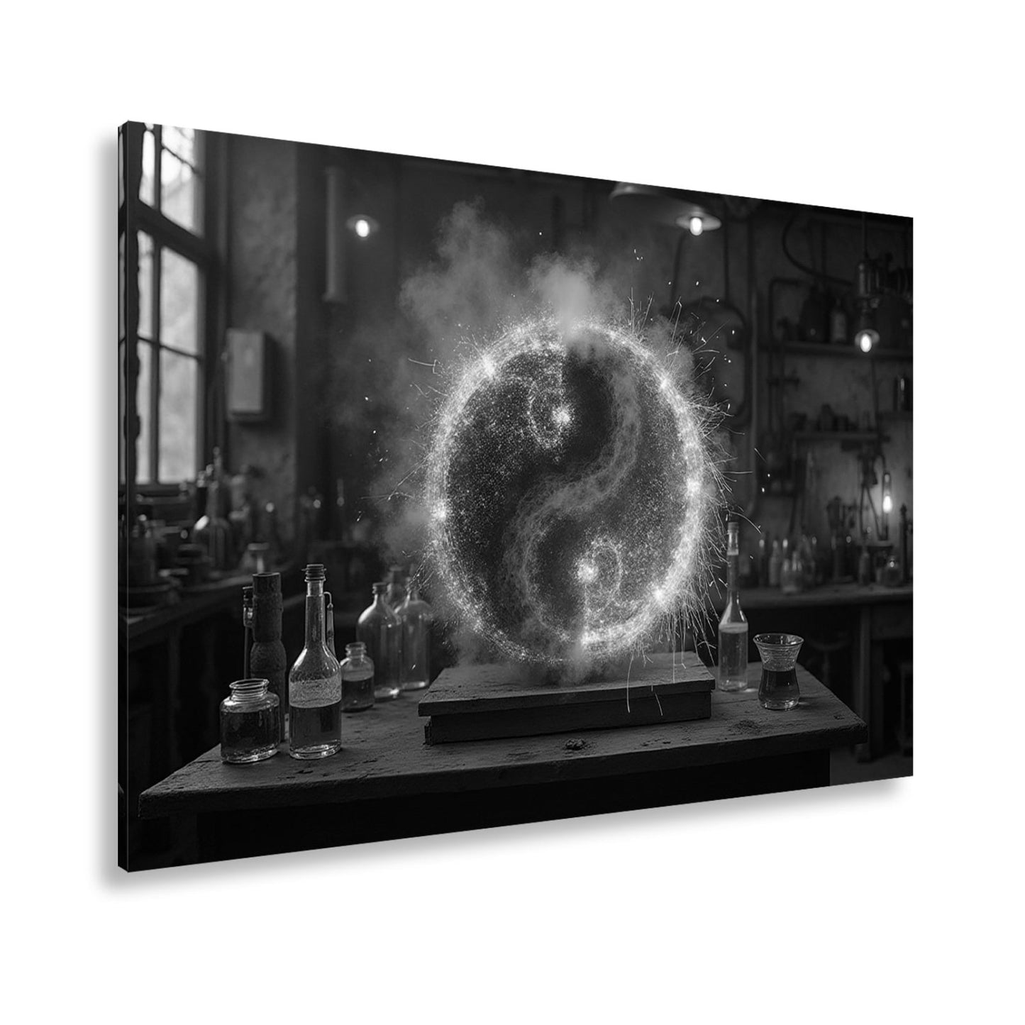 Leinwandbild Funkengeladenes Yin und Yang aus Feuer und Eis in der Werkstatt - deyoli