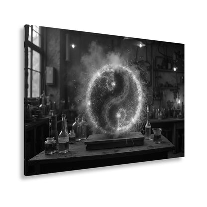 Leinwandbild Funkengeladenes Yin und Yang aus Feuer und Eis in der Werkstatt - deyoli