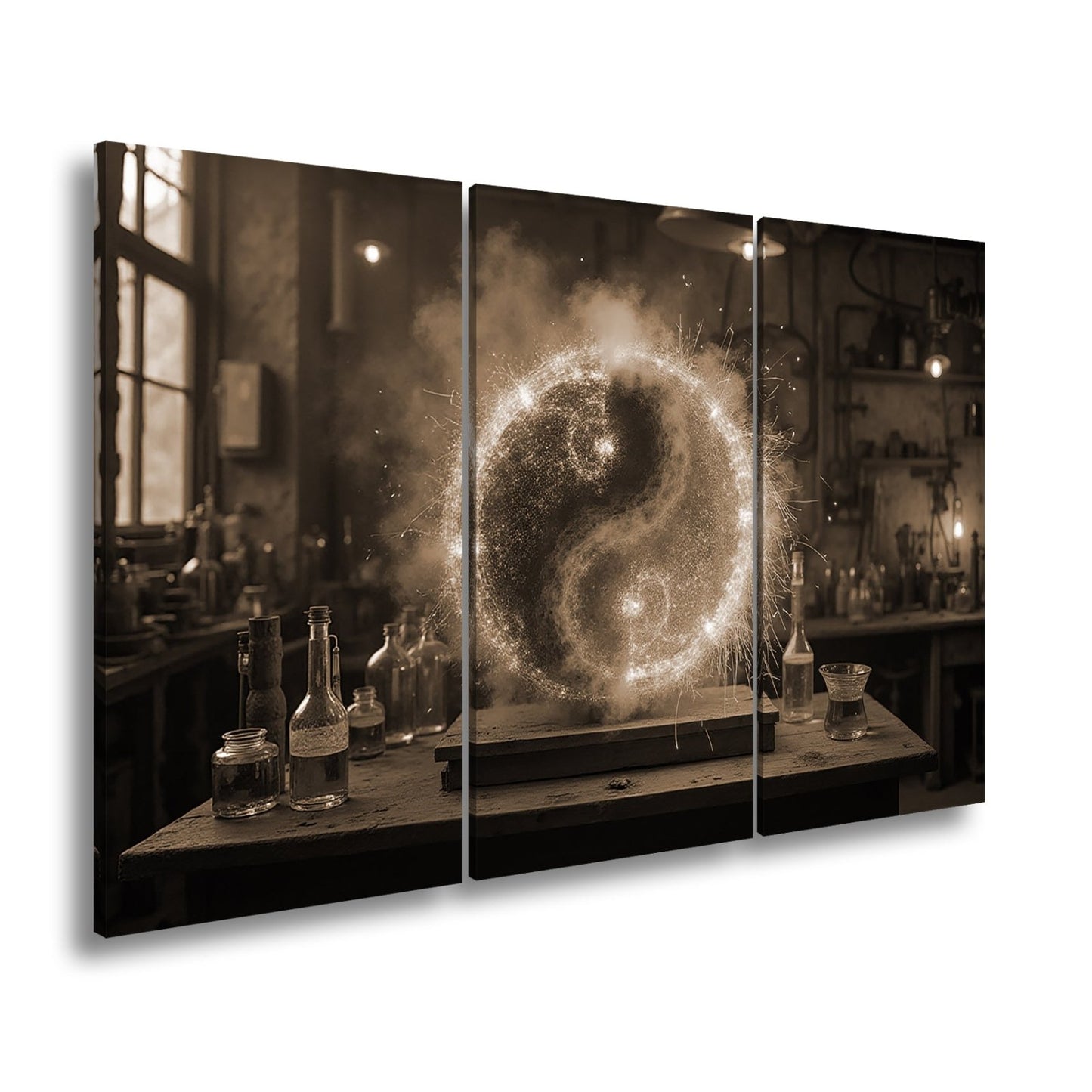 Leinwandbild Funkengeladenes Yin und Yang aus Feuer und Eis in der Werkstatt - deyoli
