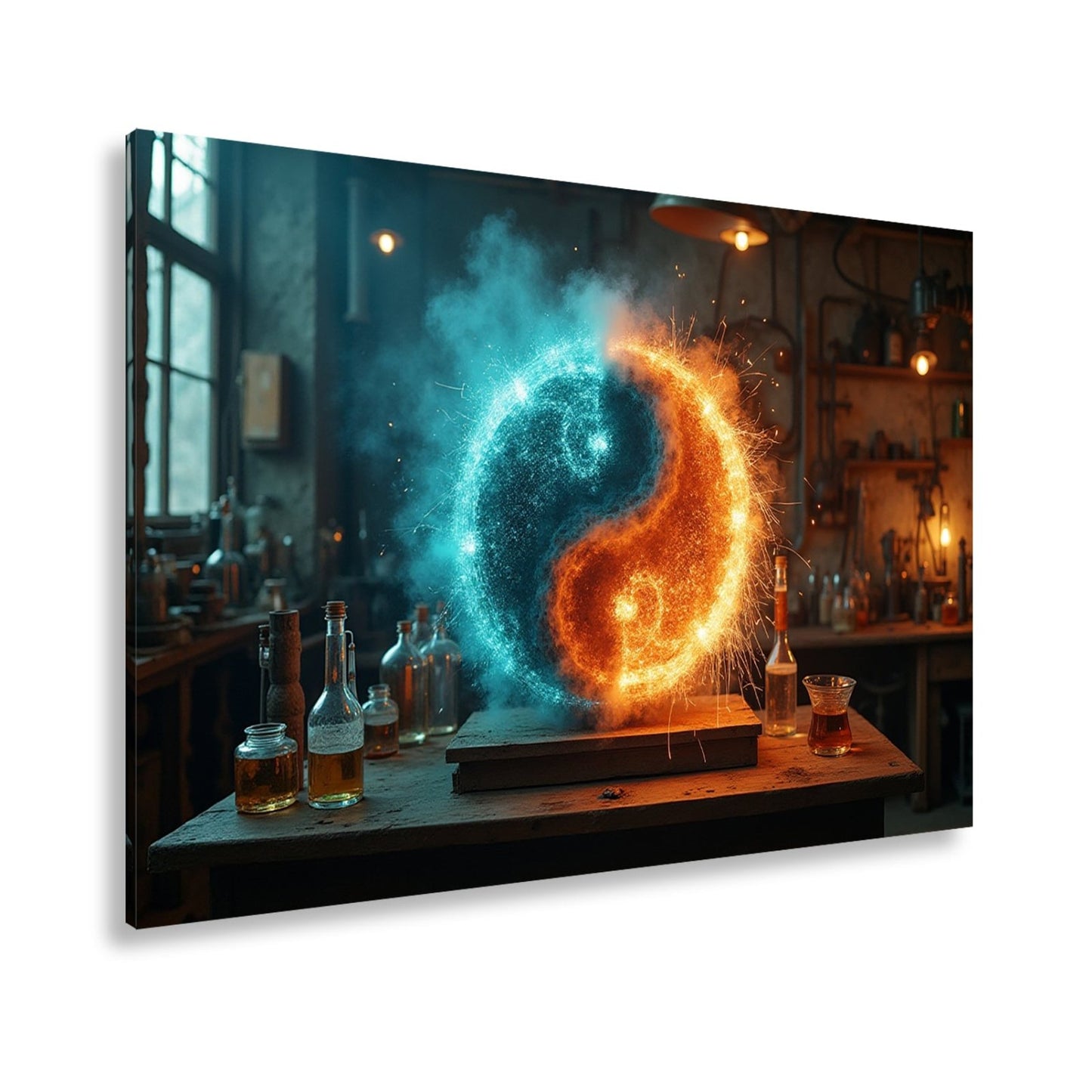 Leinwandbild Funkengeladenes Yin und Yang aus Feuer und Eis in der Werkstatt - deyoli