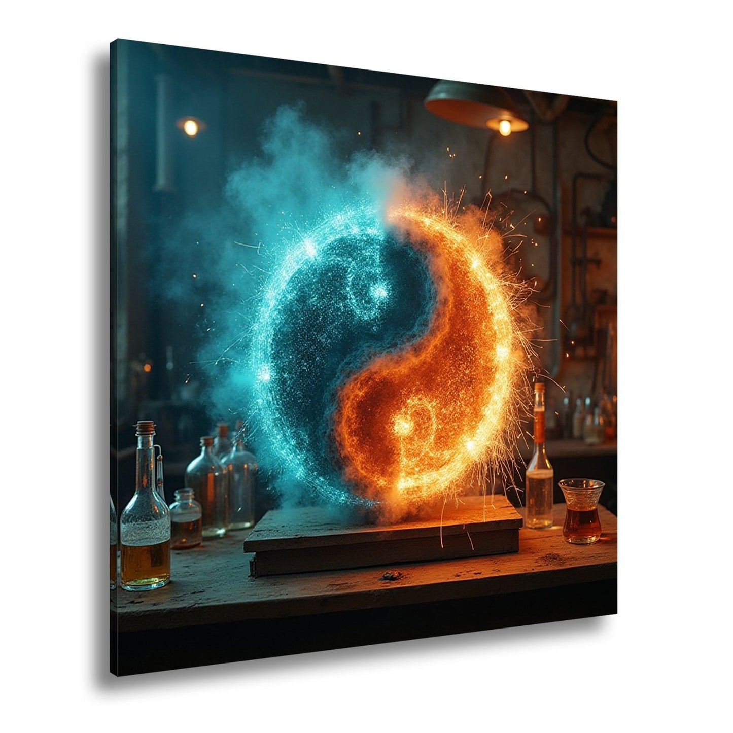 Leinwandbild Funkengeladenes Yin und Yang aus Feuer und Eis in der Werkstatt - deyoli