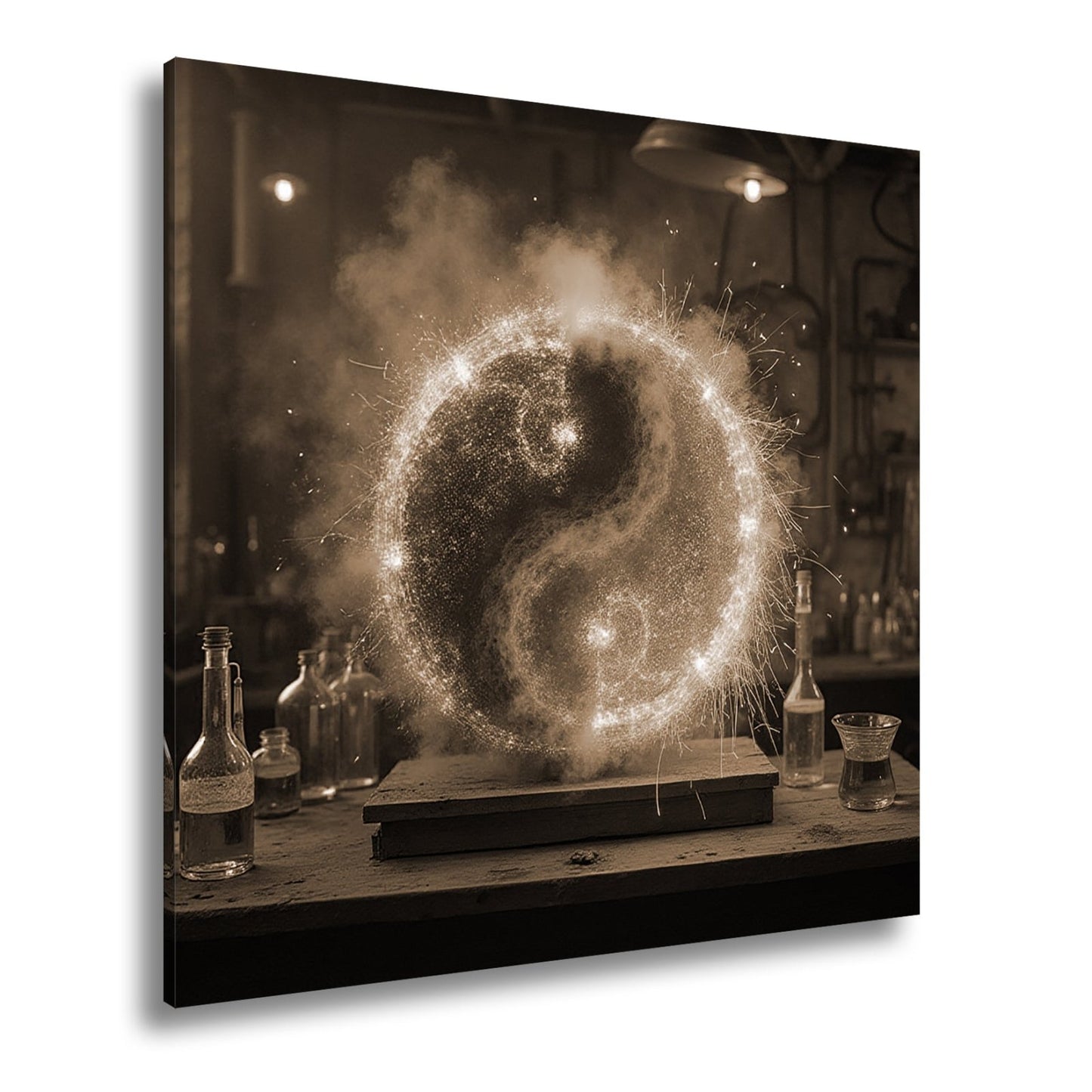 Leinwandbild Funkengeladenes Yin und Yang aus Feuer und Eis in der Werkstatt - deyoli