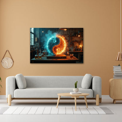 Leinwandbild Funkengeladenes Yin und Yang aus Feuer und Eis in der Werkstatt - deyoli
