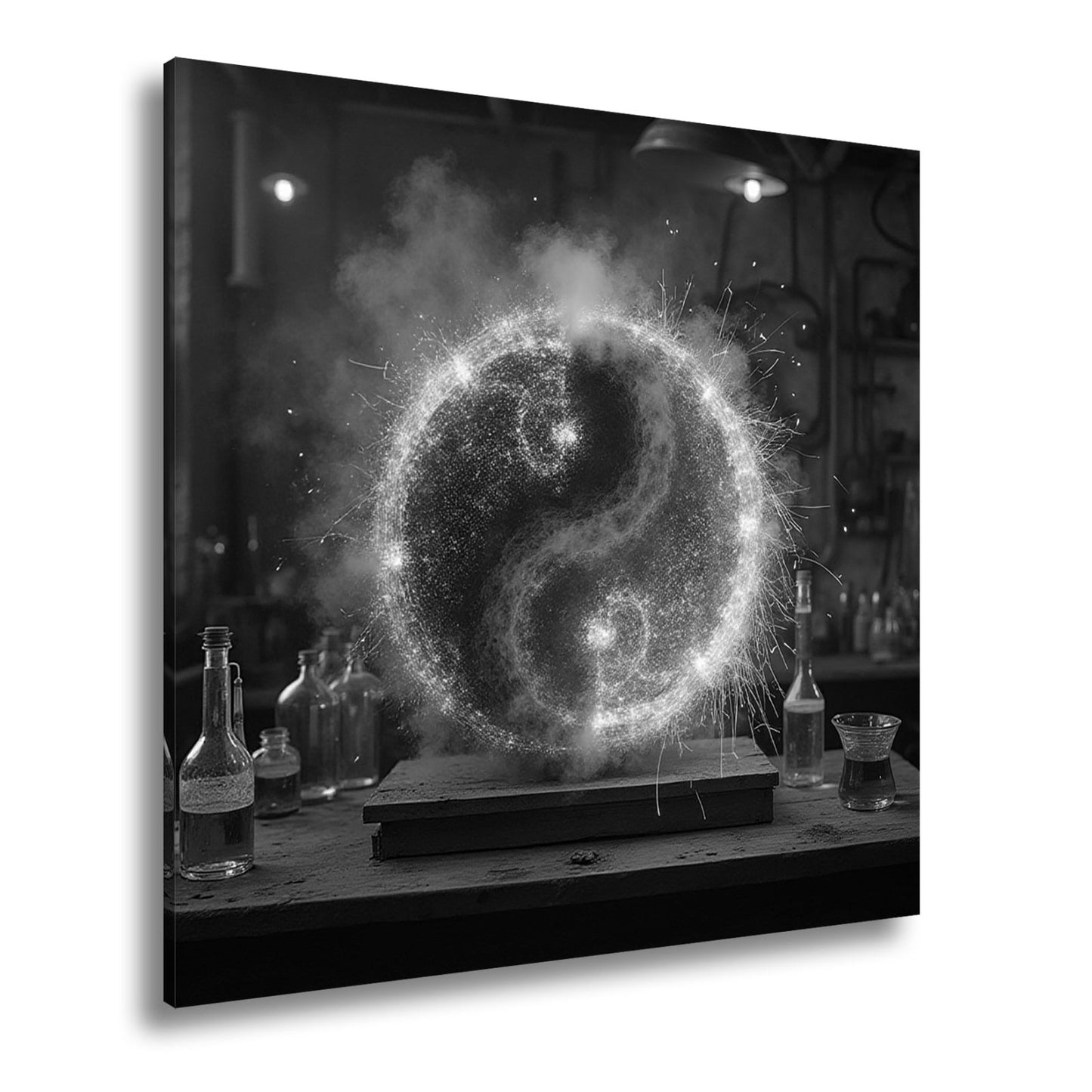 Leinwandbild Funkengeladenes Yin und Yang aus Feuer und Eis in der Werkstatt - deyoli