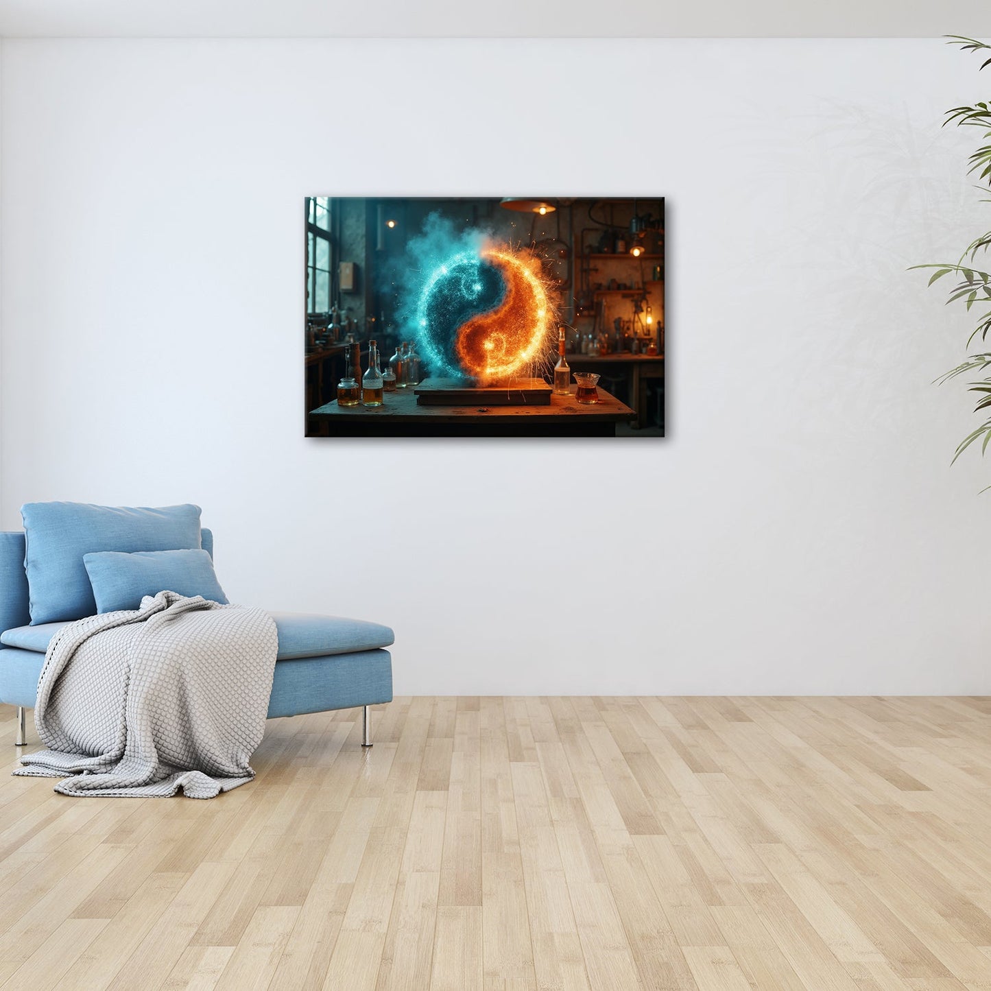 Leinwandbild Funkengeladenes Yin und Yang aus Feuer und Eis in der Werkstatt - deyoli