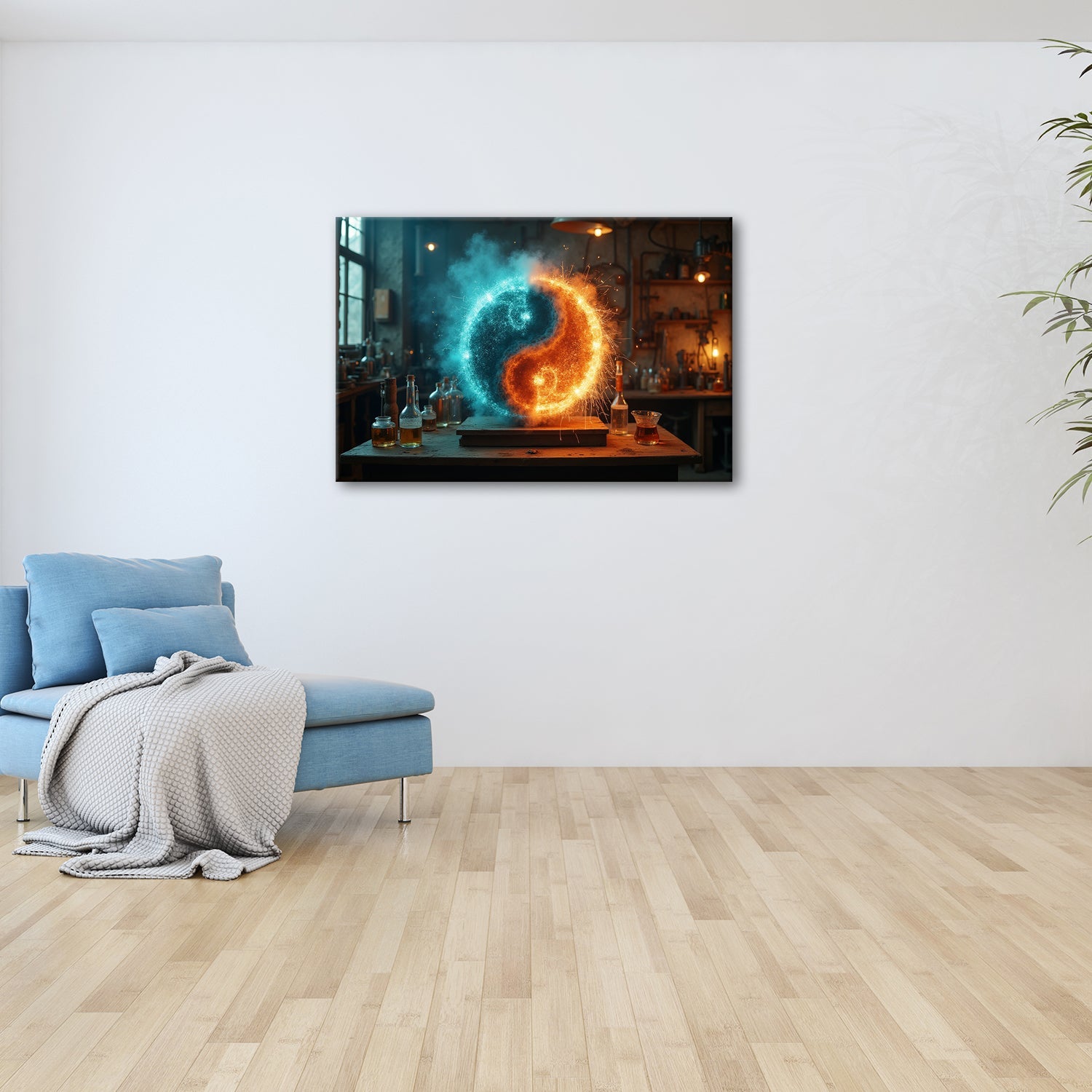 Leinwandbild Funkengeladenes Yin und Yang aus Feuer und Eis in der Werkstatt - deyoli